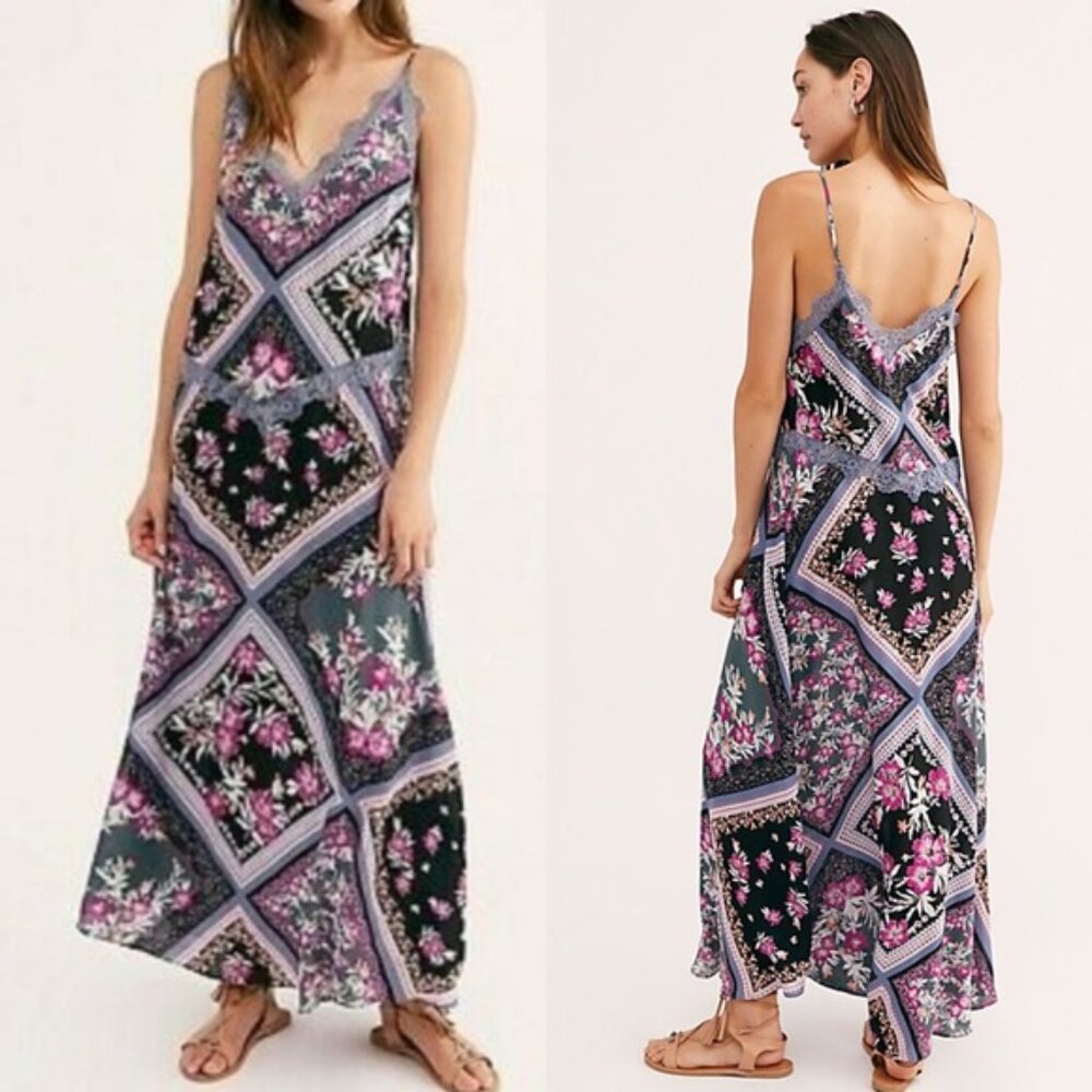 Free People NWT Black Floral Graphite Combo Maxi Slip Dress with Lace Detail